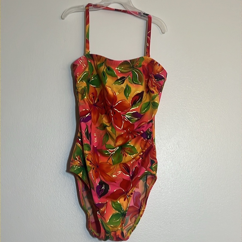 Longitude Vintage 90s Tropical Floral Metallic One Piece Swim Suit Halter 10